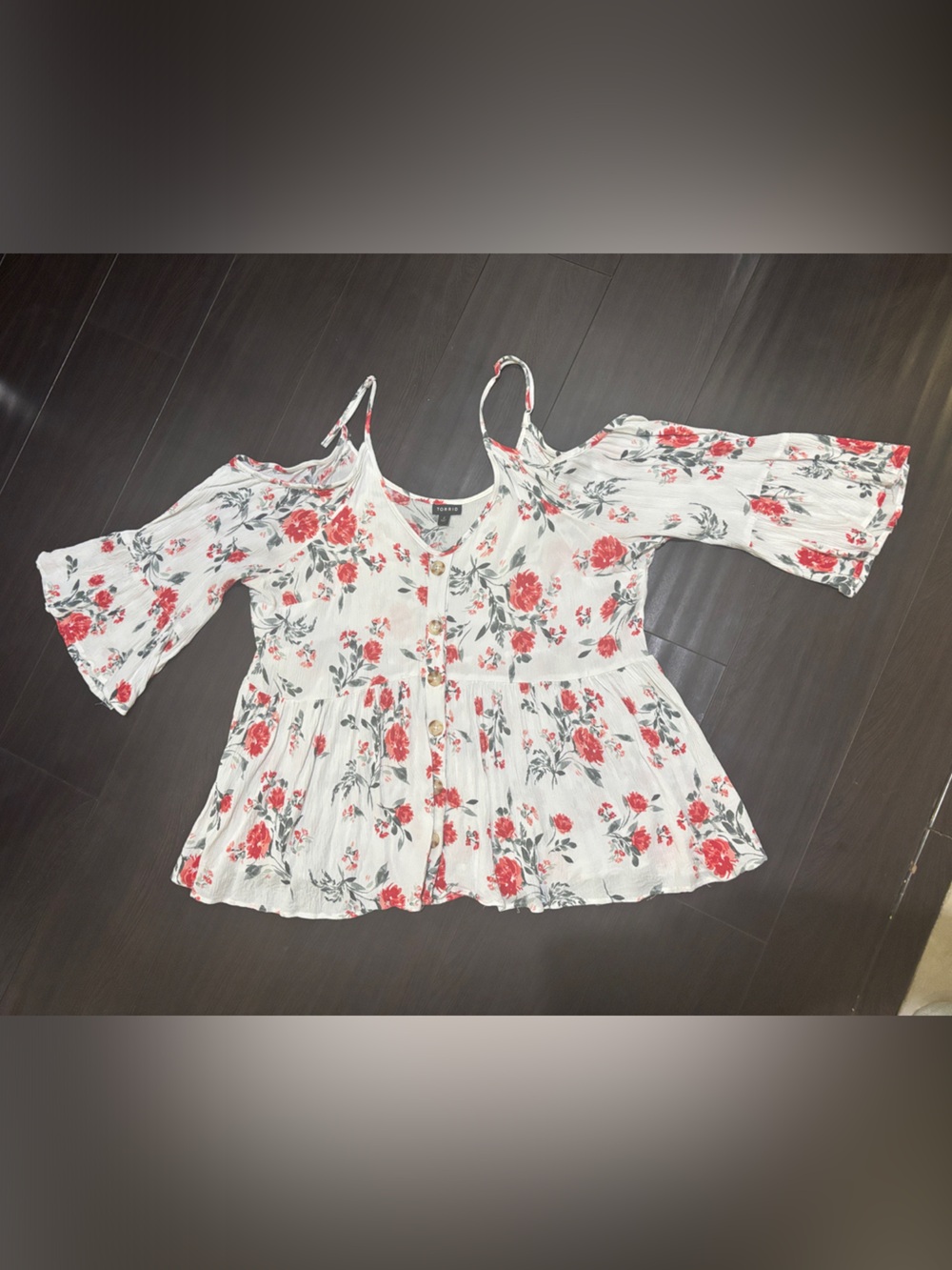 torrid White Floral Cold-Shoulder Peplum Top with Red Roses